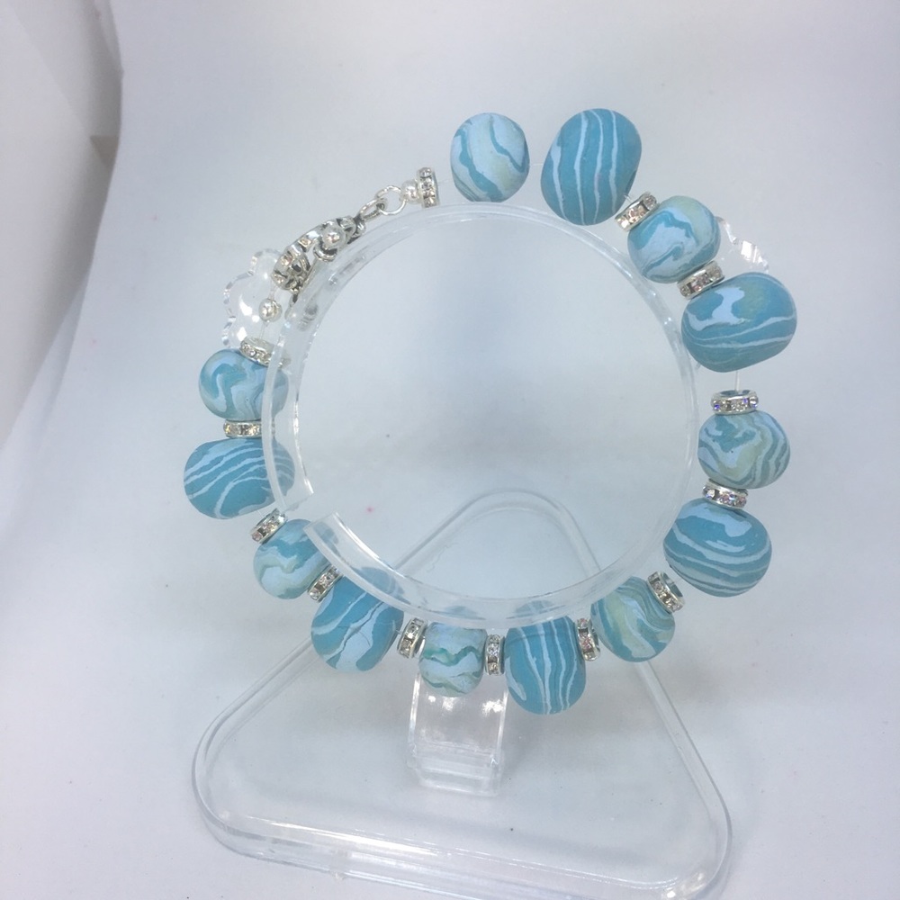 One-of-a-Kind Handmade Sky Blue Marbled Polymer Clay Bracelet - Picture 7 of 16